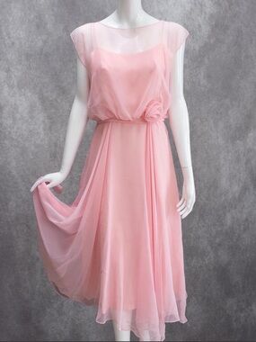Vintage ILGWU Pink Chiffon Rosette Midi Dress Sheer Overlay Tie Back, Size M/L